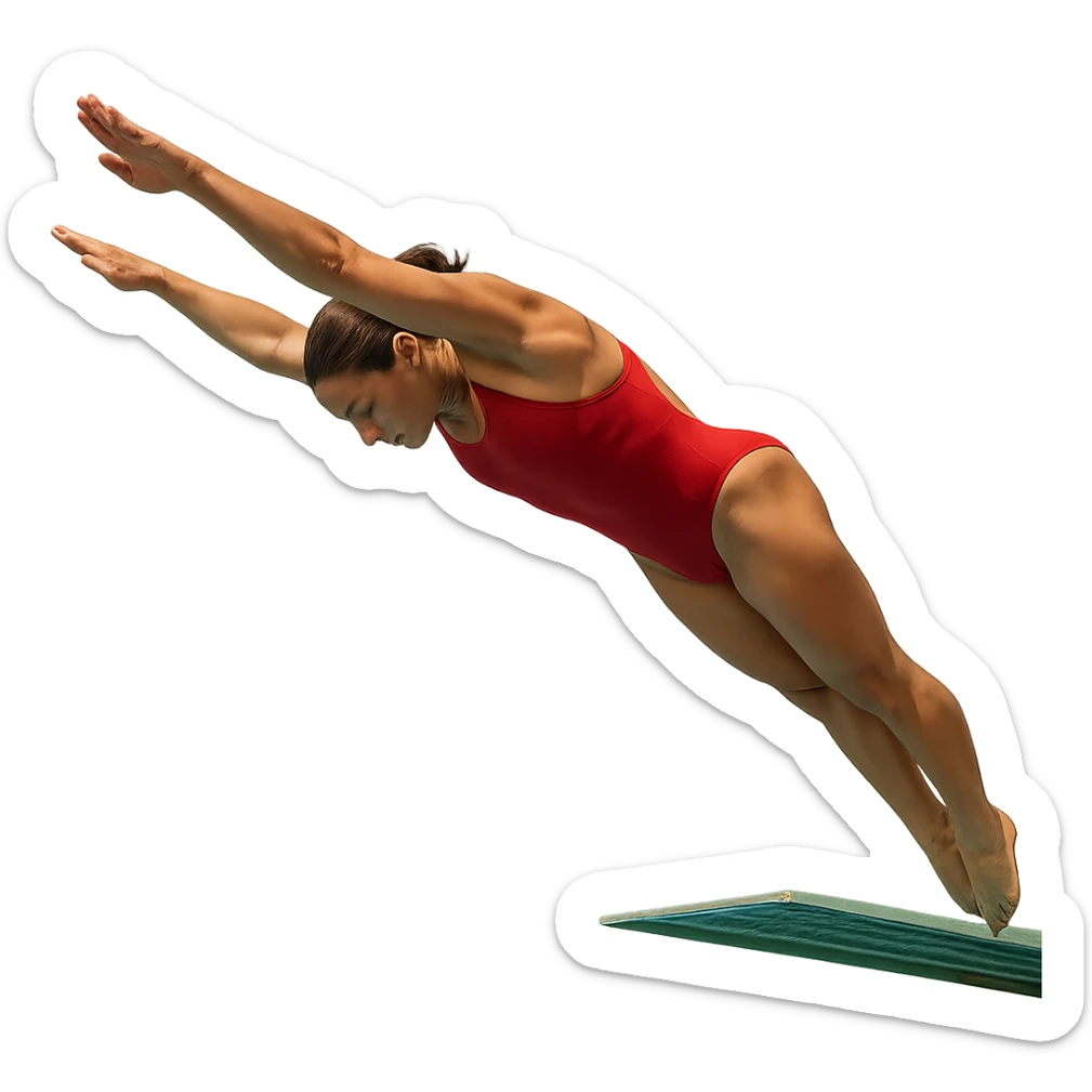 a person in a swimsuit diving off a diving board, arms extended in the diving position, dynamic motion, clear background sticker