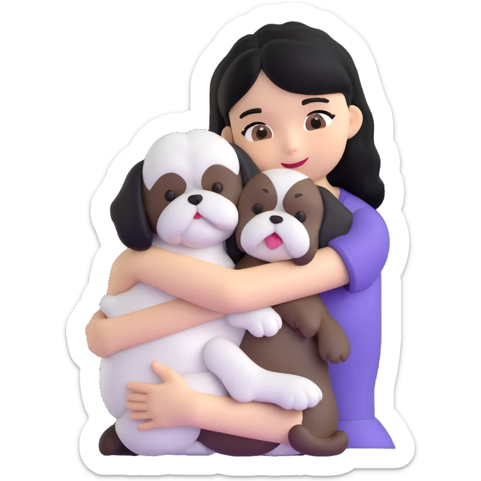 A girl with black hair hugging a Shih Tzu dog sticker