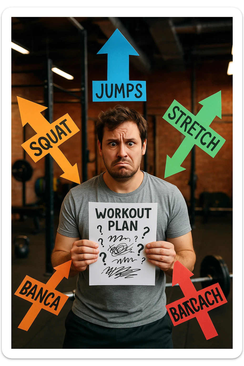 a person stands in the center of a gym, surrounded by arrows pointing in all directions, each labeled with a different exercise (e.g., “squat,” “Salti,” “stretch,” “Panca Piana”). The person looks bewildered, holding a workout plan with scribbles and question marks. The scene is colorful but visually messy, symbolizing confusion. in italiano immagine iperrealistica sticker