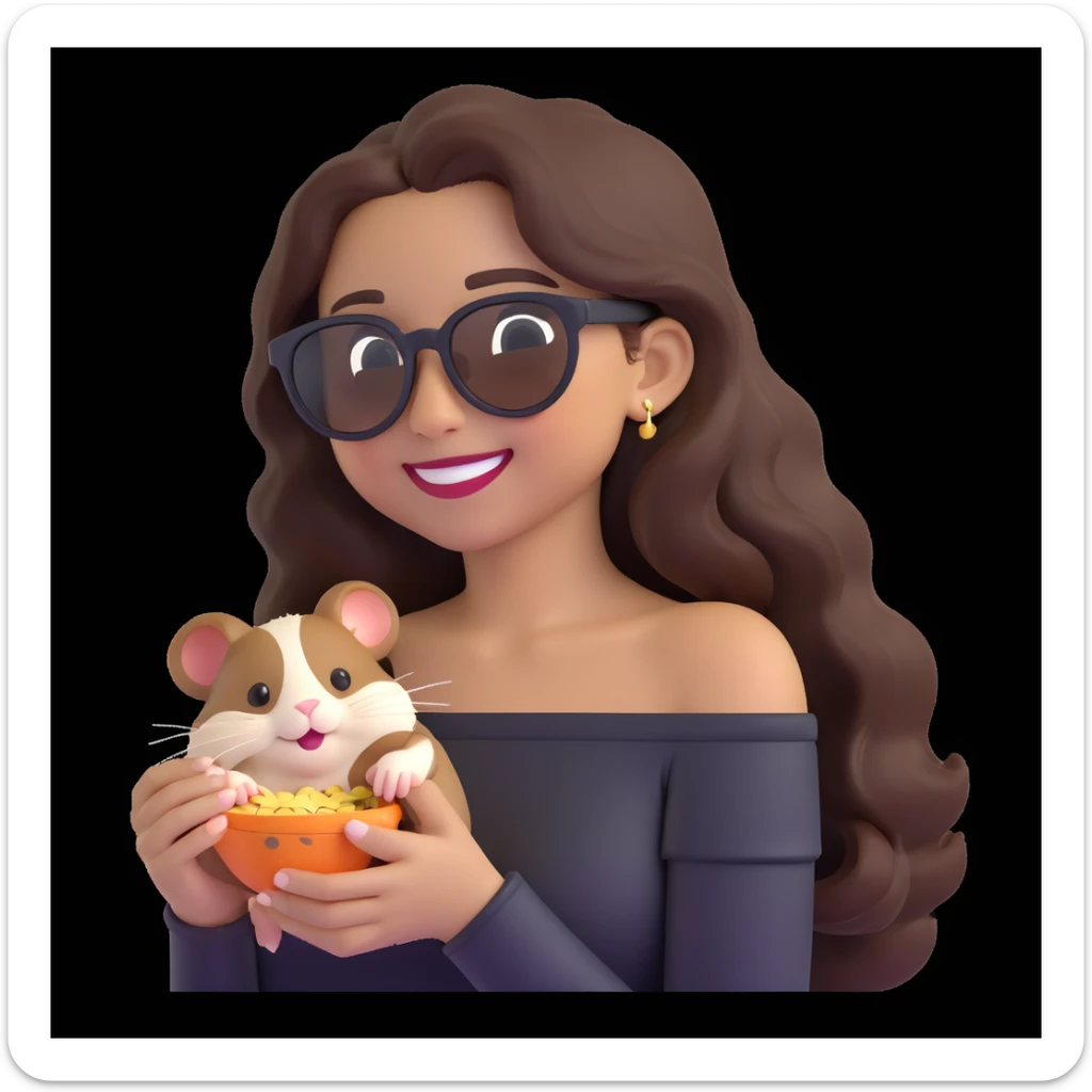 modern clean cheerful emoji of a young woman with medium skin tone, long wavy dark brown hair, black off-shoulder top, smiling warmly, playful hamster with tiny round sunglasses on her shoulder munching a seed, soft neutral gradient background, charming confident style sticker