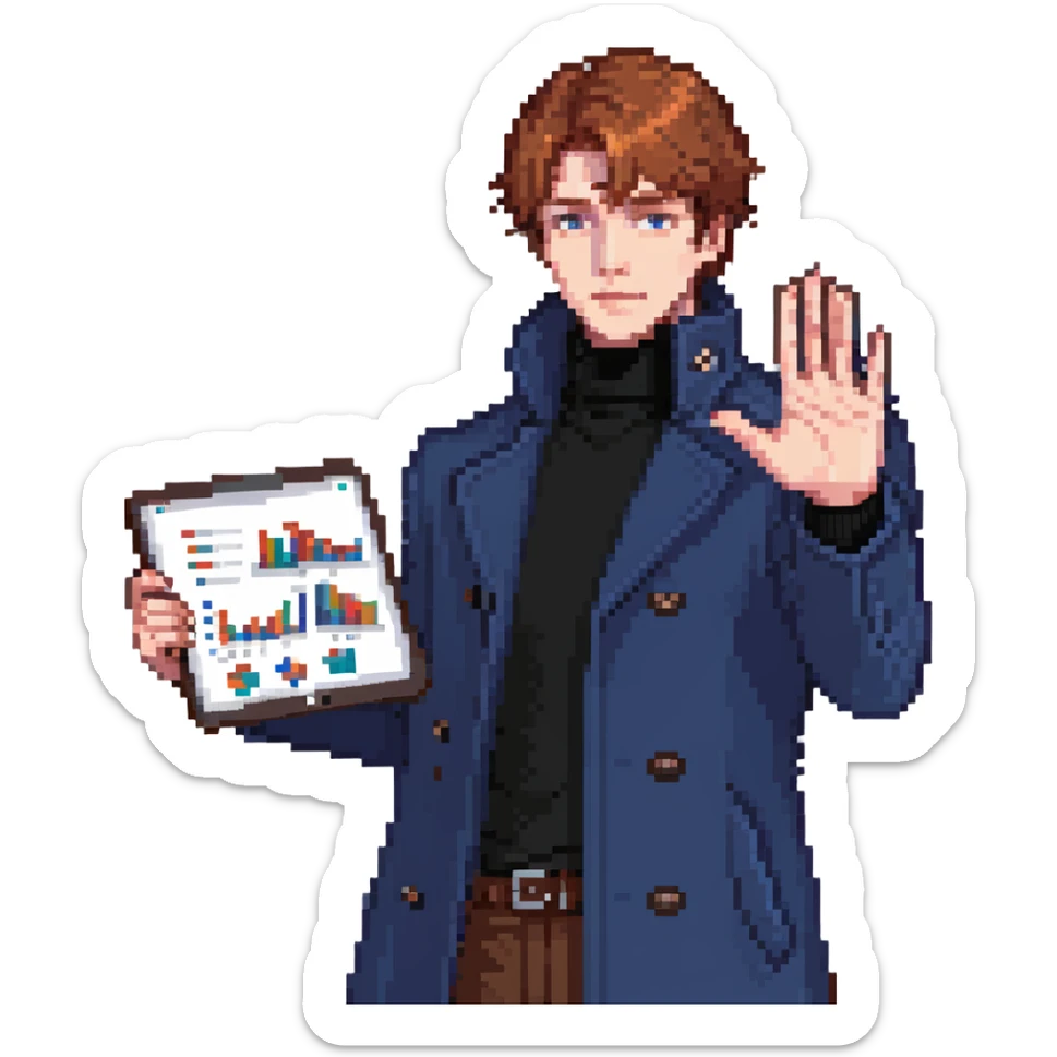 Flat pixel art, bold and charismatic male leader, Caucasian, short auburn hair, sharp eyes, wearing indigo coat over black turtleneck, one arm raised giving direction, holding tablet with graphs, waist-up, front-facing sticker