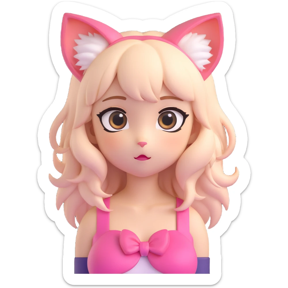 cute 3D anime cat girl, big eyes, pastel colors, playful expression, cat ears, soft hair, kawaii style sticker
