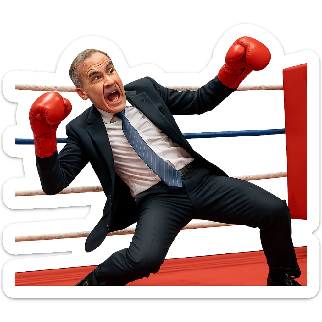 Mark Carney, former Bank of England governor, performing a boxing rope-a-dope move, energetic pose, gloves up, in a boxing ring, expressive face, business attire with boxing gloves, dynamic action, clear background sticker