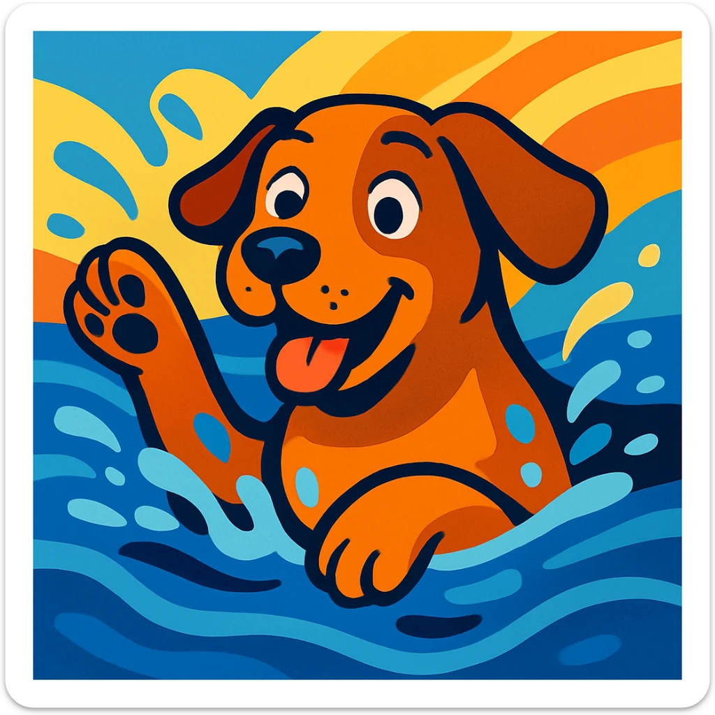 dog swimming in water, vibrant cartoon style, colorful, dynamic, lively sticker