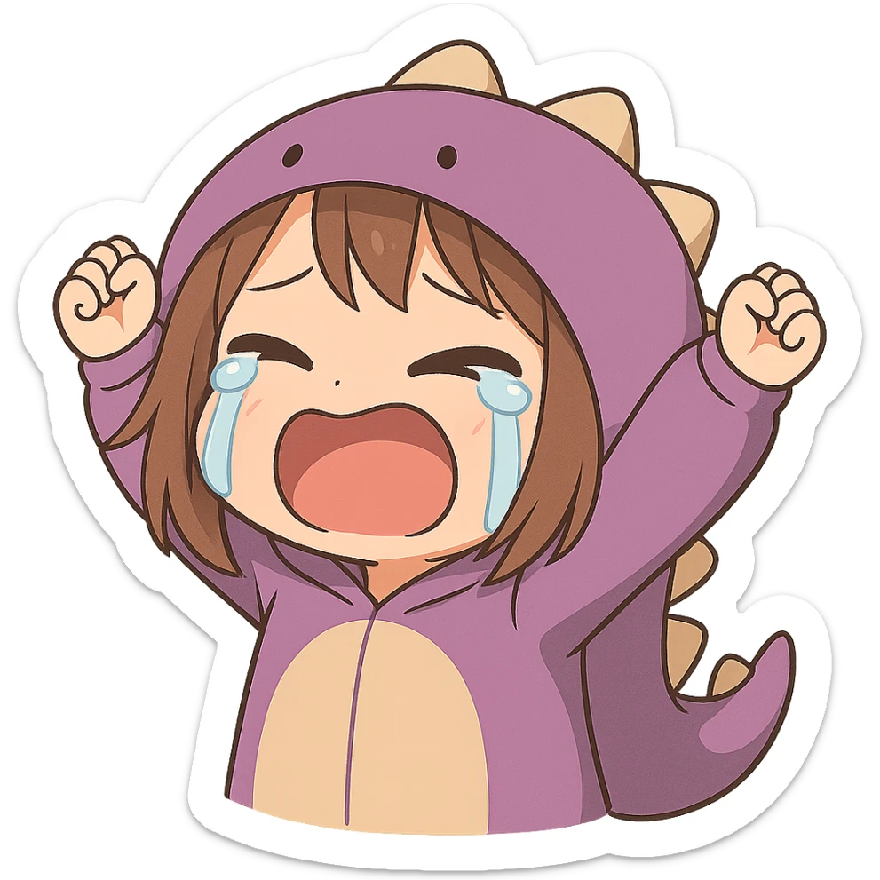 Chibi anime style gamer girl with glasses, brown hair, dark purple eyes, wearing a purple dinosaur costume, new pose with arms up in excitement, making a crying expression, no controller, no background, same style as reference. sticker
