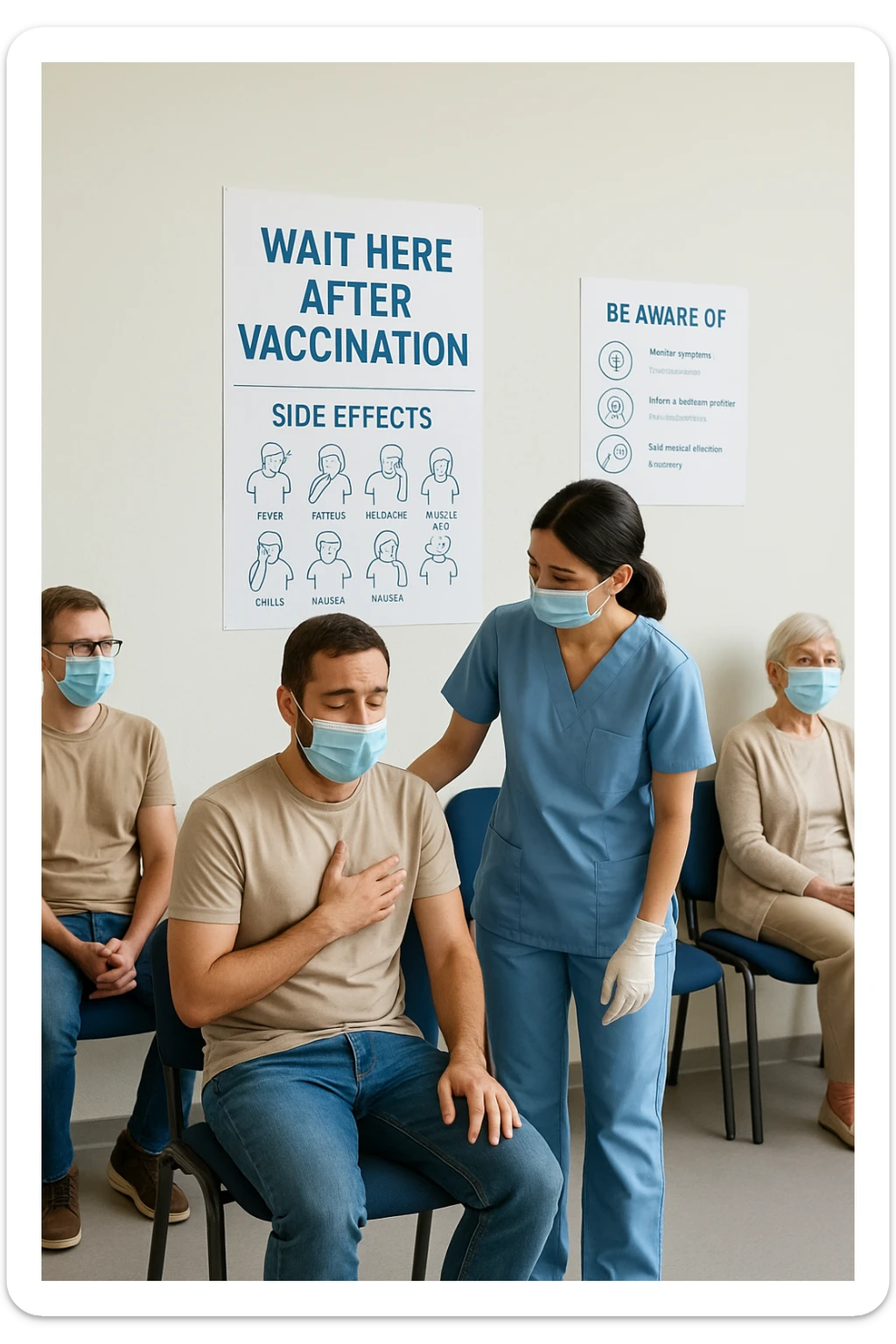 a group of people in a waiting area after vaccination, with one person looking slightly uncomfortable or dizzy. A nurse is nearby, ready to assist, and informational materials about possible side effects are visible on the wall. The mood is calm and responsible, emphasizing monitoring and care. in italiano sticker