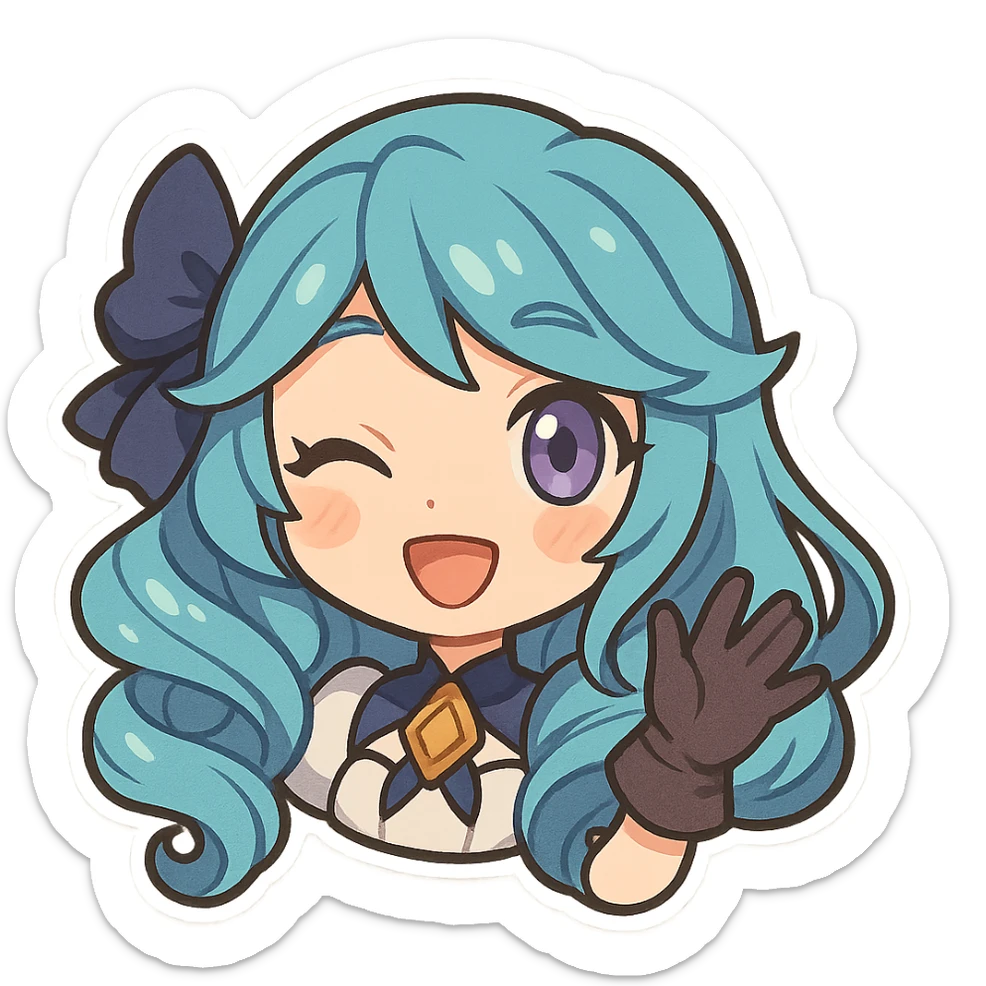 chibi style Gwen from League of Legends, only head, right eye purple, one hand waving with glove, cheerful and friendly sticker