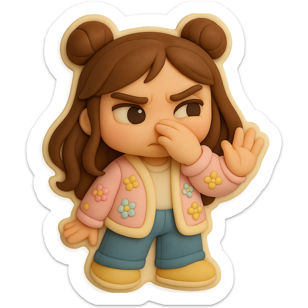 3D chibi fondant cake art style, high-quality rendering with smooth shadows and soft gradients. Girl based on reference image with preserved facial features and eye shape, long brown hair in two space buns, brown eyes, jeans, pastel floral cardigan, shoes, thick white outline like a sticker. Waving her hand in front of her nose like 'ew, it stinks'. Ensure the face, hairstyle, eye shape, and shoes match the reference exactly. sticker