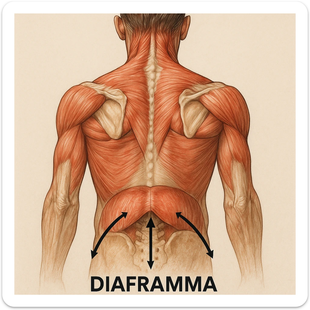 vista posteriore del busto umano con muscoli del collo e scapole in tensione, diaframma bloccato indicato con frecce, didascalia in italiano sticker