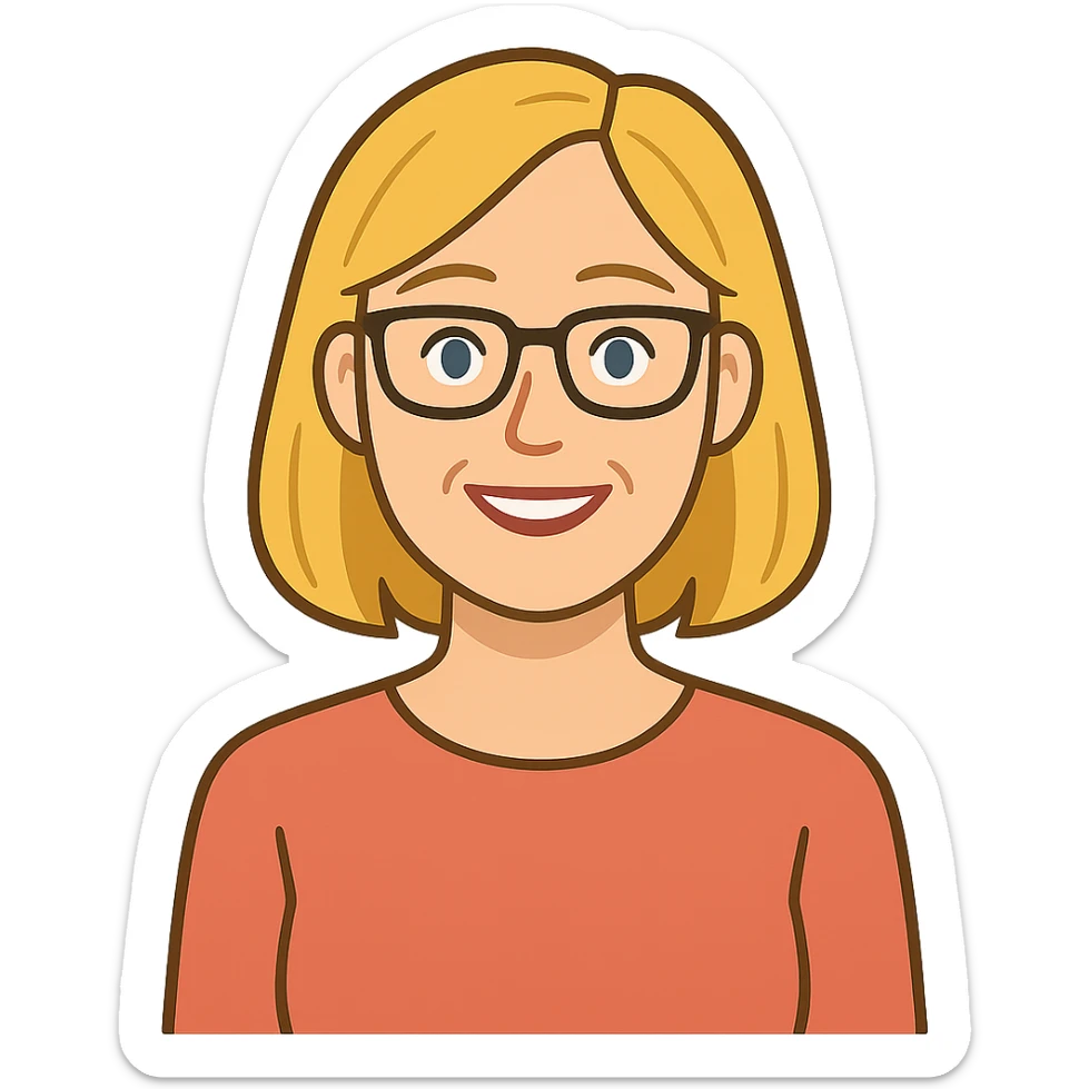 flat toon style blonde 40 year old woman with blue eyes and glasses sticker