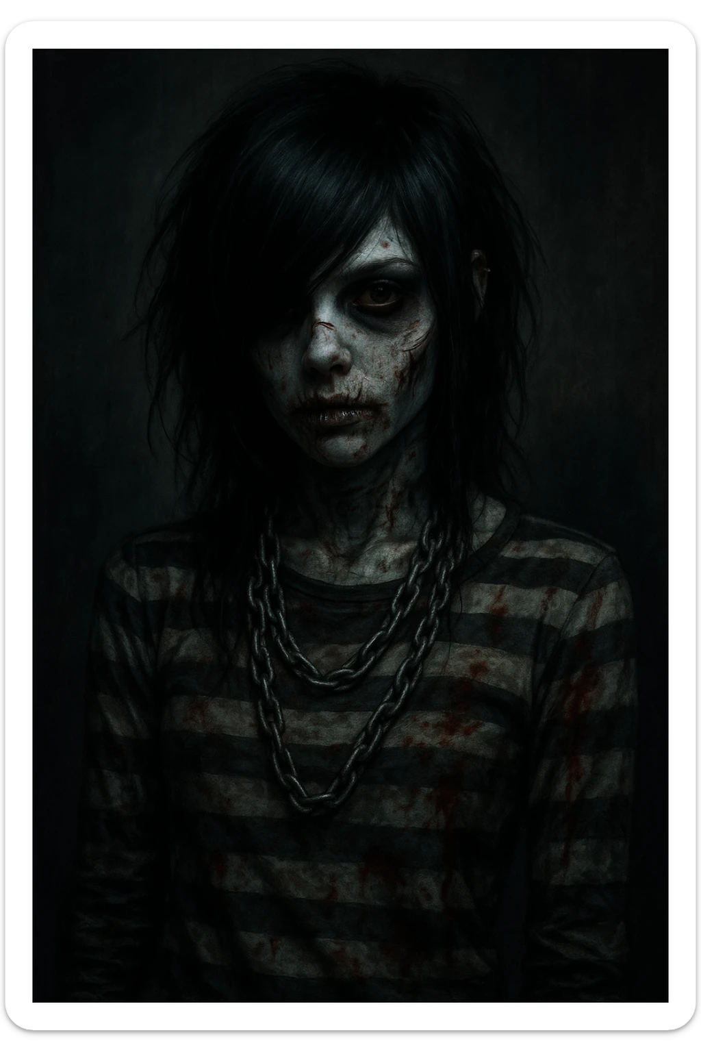 emo zombie girl, black hair, striped shirt, chains, pale skin, dark eyes, subtle blood stains sticker