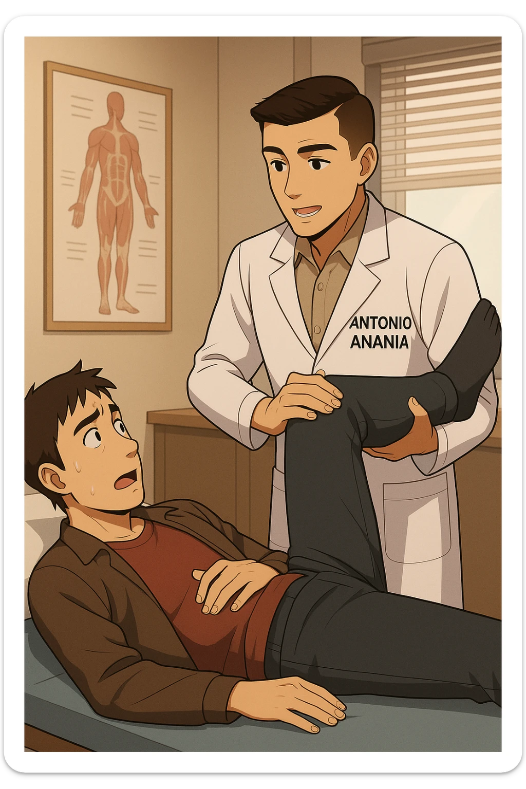 fai un webtoon manga a colori con questo stile, in cui un uomo è steso sul lettino medico e il kinesiologo con il camice bianco (fagli anche la scritta "ANTONIO ANANIA" SUL CAMICE, gli solleva una gamba per fargli il test neuromuscolare, IL KINESIOLOGO SPIEGA ALL'UOMO UNA cosa mentre gli alza la gamba. non fare i fumetti però, fai solo in modo che sembri stiano parlando sticker