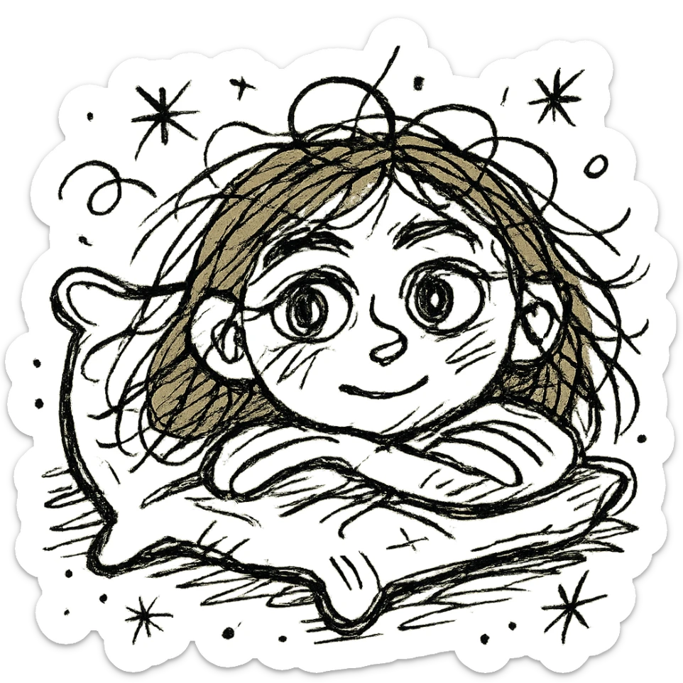 An illustration of a girl lying on a pink pillow. She has light brown hair and gray eyes. The style should be a chaotic icon, inspired by iOS 18 style icons. The icon should have a hand-drawn, chaotic appearance with irregular lines and a playful, sketchy feel. sticker