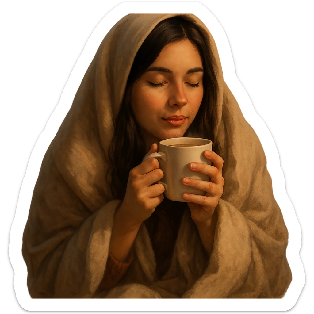 girl brunette inside a blanket sipping coffee, eyes closed, cozy and warm atmosphere, variation 1 sticker