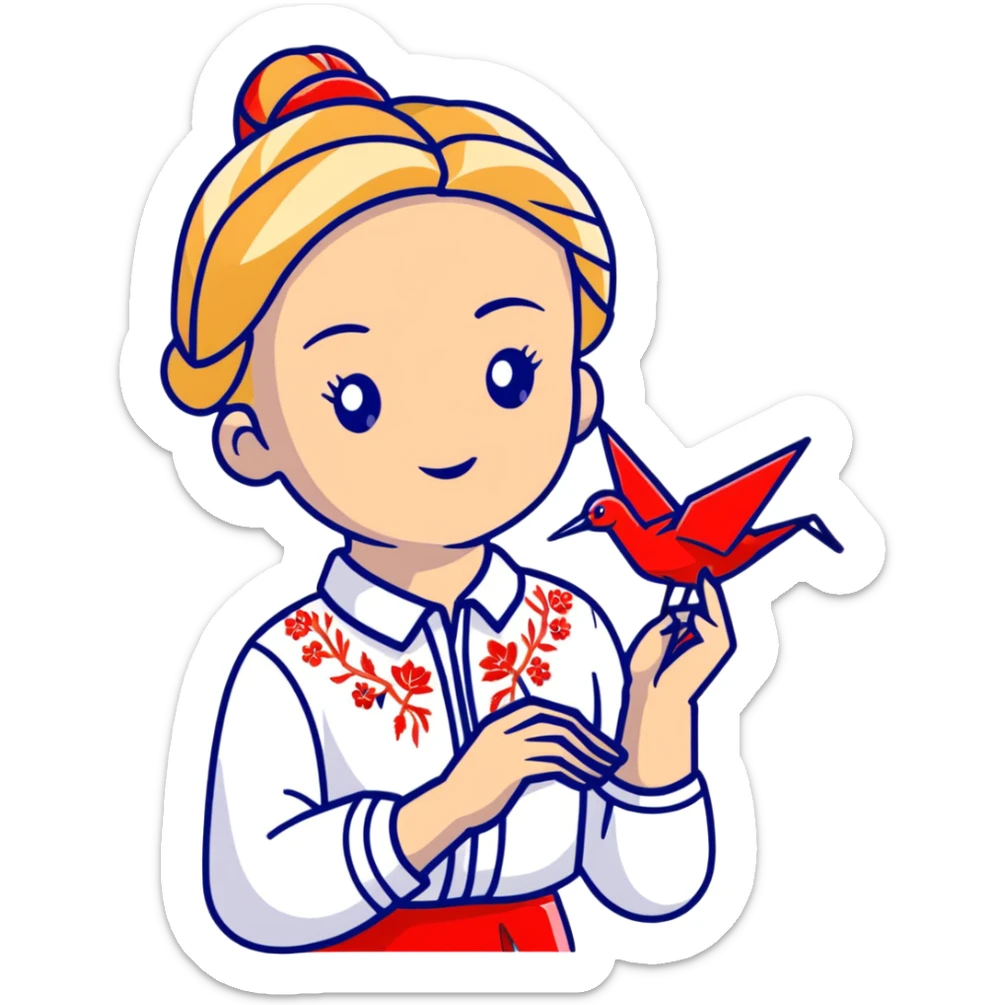 Ukrainian young girl with blonde braided hair wearing a white traditional embroidered shirt (vyshyvanka) holding a red origami paper crane in her hands sticker