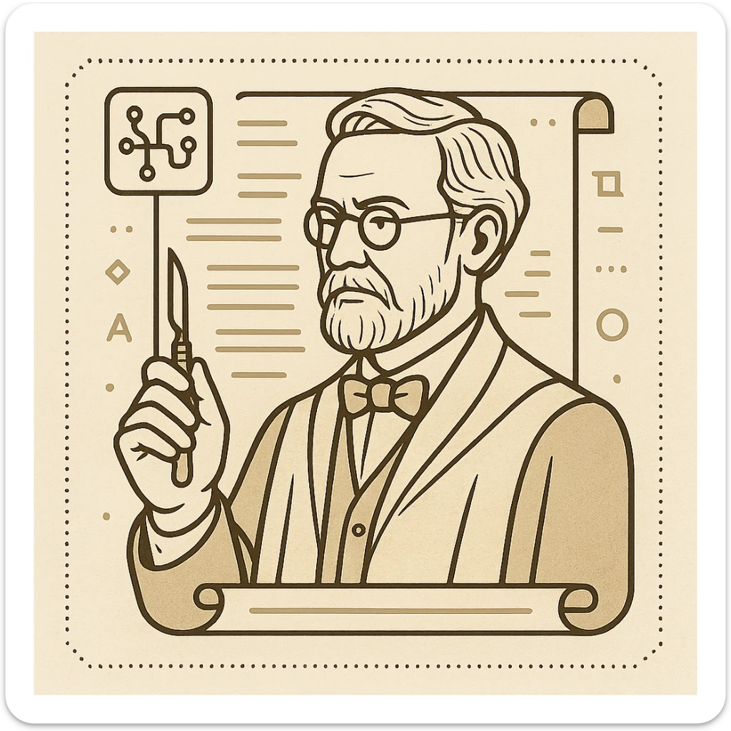minimal elegant icon of a scholarly professor in classic academia style, dignified and not teaching, with a scalpel, set against a document background blending vintage academic motifs and subtle AI interface elements, refined cultured color scheme, technical and precise sticker
