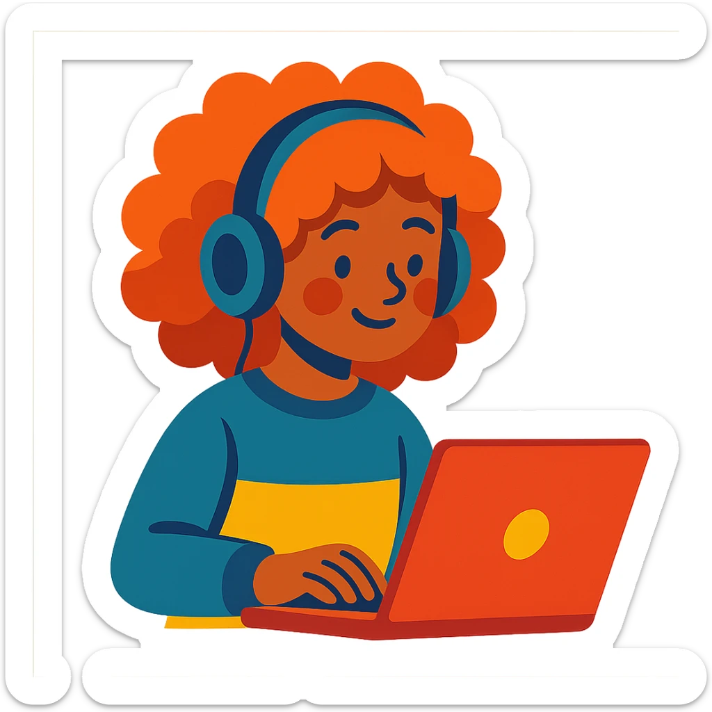 vibrant toon style curly hair girl with headphones and a laptop sticker