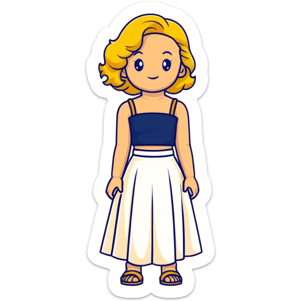 tan girl with wavy hair, white long skirt, navy blue ruched square neck crop top sticker