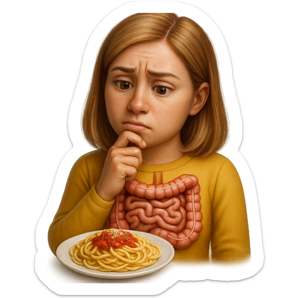 donna che guarda pensierosa con intestino in evidenza un piatto di pasta, stile emoji iphone, iperrealistico 4k sticker