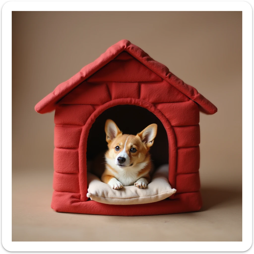 realistic red dog house with a Corgi dog inside, Corgi with a pillow, photorealistic style sticker