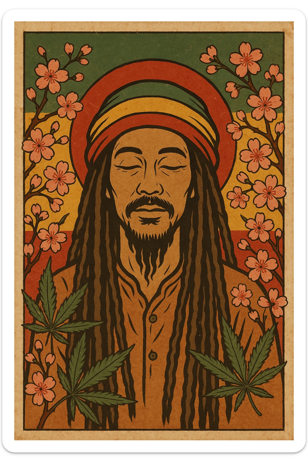 Vintage poster of an Asian Rasta with long dreadlocks, peaceful eyes, and a red-gold-green tam. Surrounded by cherry blossoms and ganja leaves. Background blends Rasta colors into an Asian flag (e.g., red sun from Japan or Chinese star). Retro reggae fusion vibe, with bold lines and aged paper texture.
 sticker
