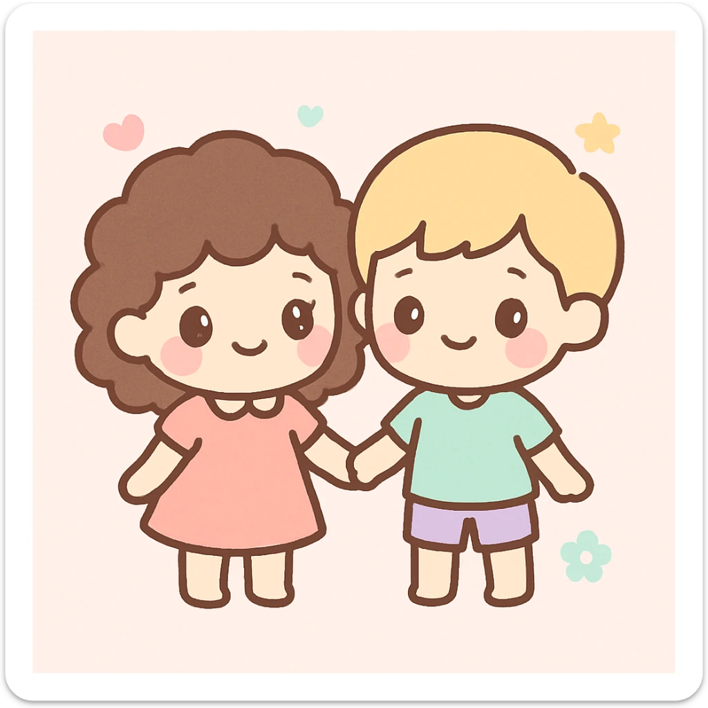 brunette curly haired girl and blonde boy holding hands, cute and cheerful kawaii style sticker