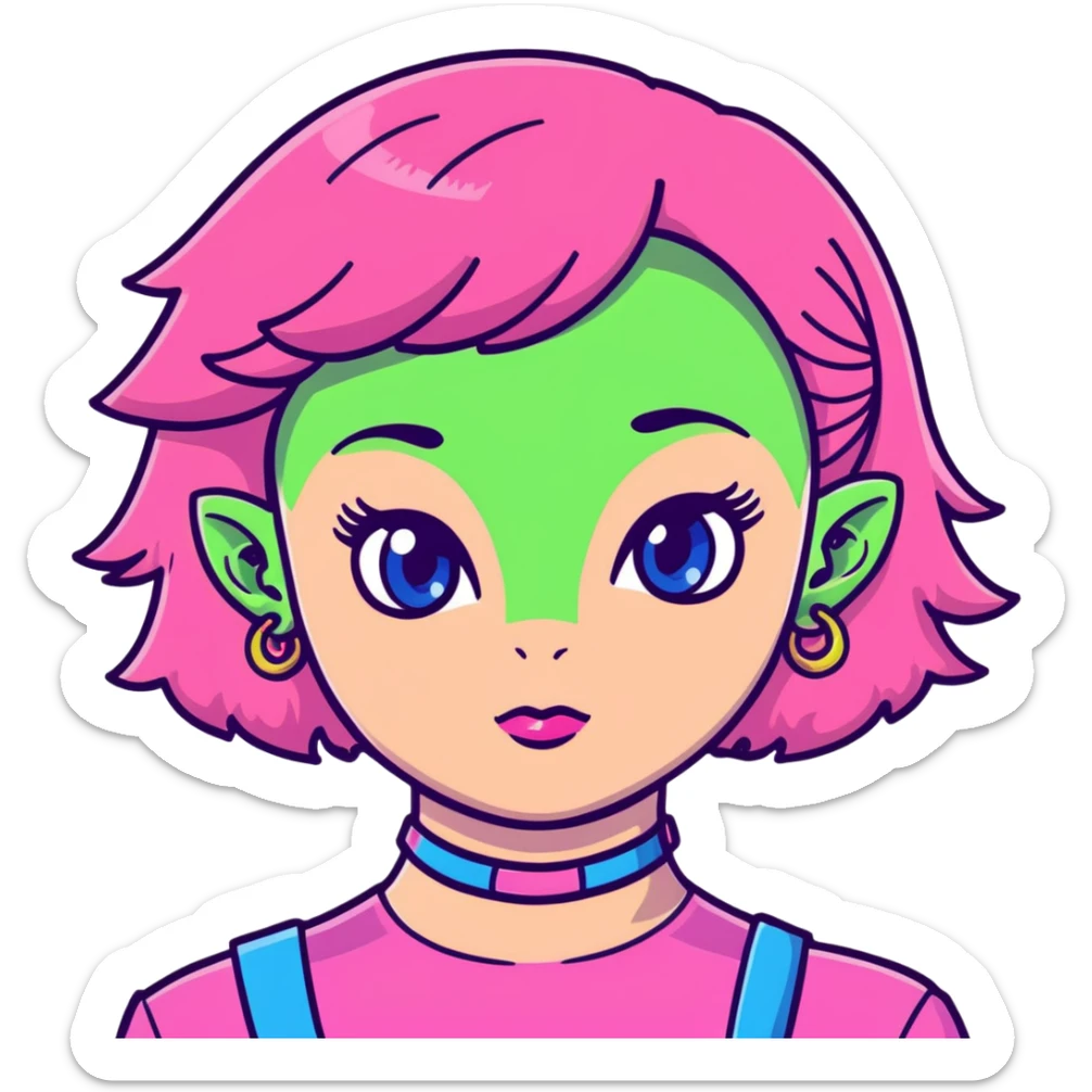 girl with blue eyes, pink makeup, narrow eyebrows, earrings, green alien head choker, black and pink blouse, curly shoulder-length hair, half hot pink half ginger, short straight baby bangs sticker