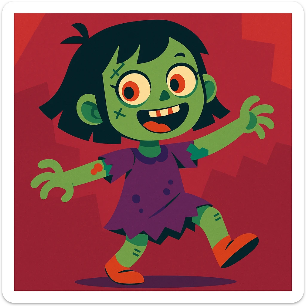 girl zombie with black short hair, cartoonish, playful, vibrant colors sticker
