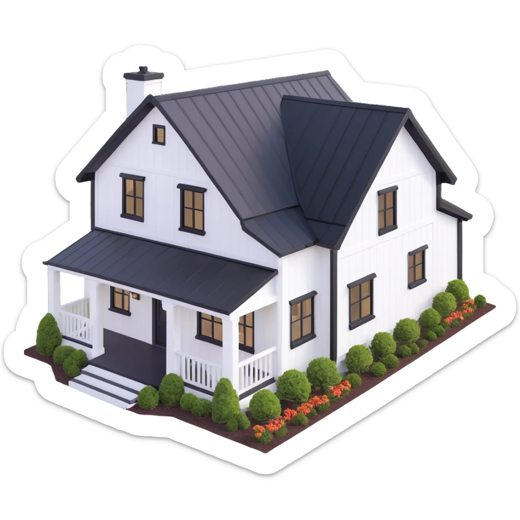 modern farmhouse with white siding, black roof and black trim, isometric exterior view sticker