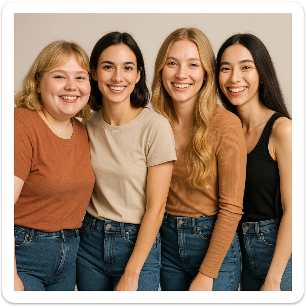 group portrait of four young female friends, 25 years old, waist up, diverse body types: chubby blonde with cheeks, slim brunette, normal weight blonde with long wavy hair, slim brunette with very long hair; casual clothing, neutral background, cheerful attitude sticker