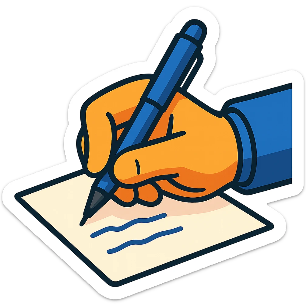 a hand holding a pen writing on paper, colorful cartoon style sticker