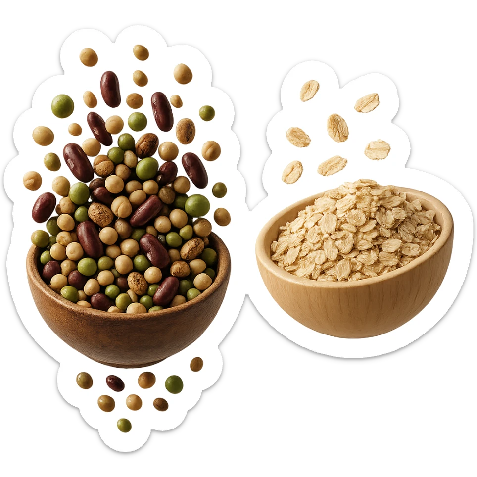 BOWL DI LEGUMI FLUTTUA IN ARIA INSIEME A BOWL DI FIOCCHI DI AVENA,  iperrealistico 4k sticker