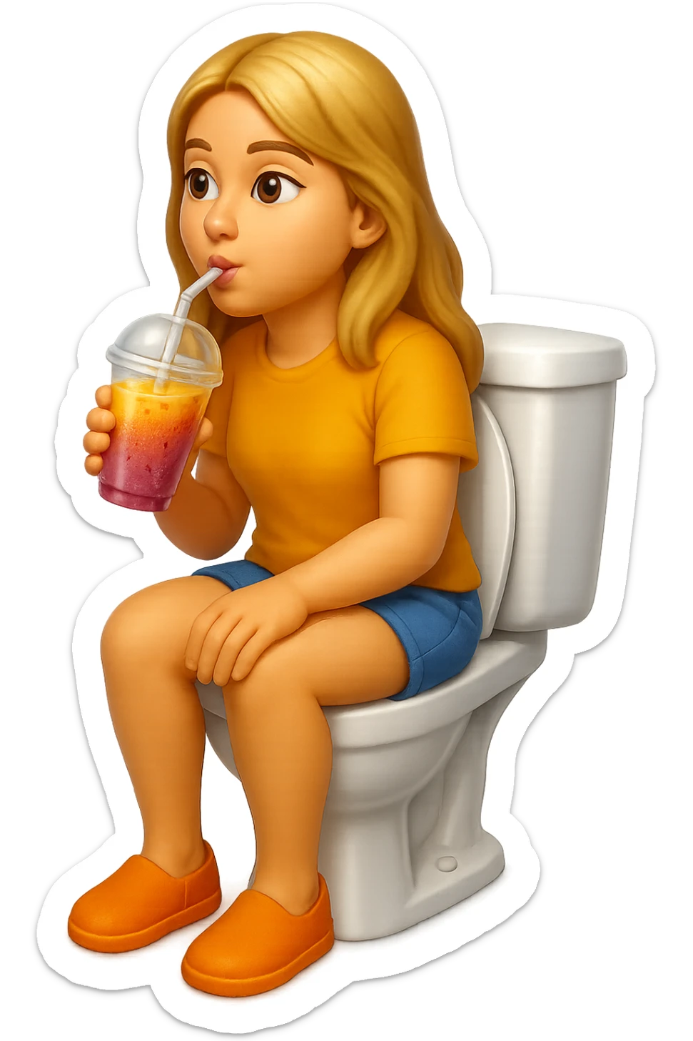 emoji stile iphone di una donna seduta sul wc che beve uno smoothies colorato, iperrealistico 4k sticker