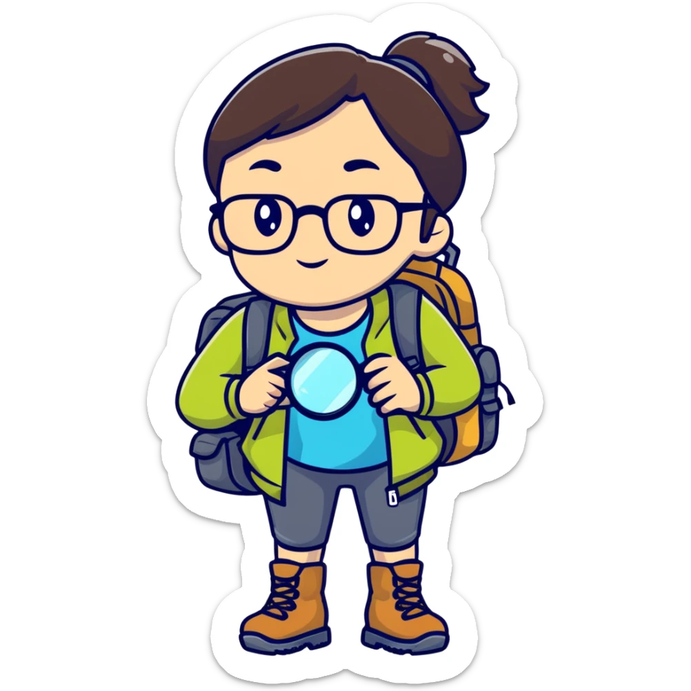 Woman in her late 30s with glasses wearing sporty outfit, hiking boots, and backpack, holding a magnifying glass and looking curious sticker