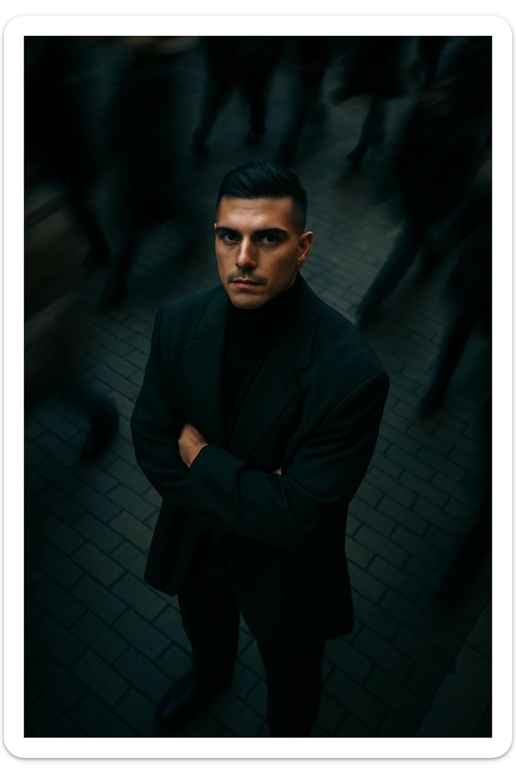 overhead shot of me standing still on a brick city sidewalk, wearing a dark oversized blazer,motion-blurred crowd rushes past around me. Moody lighting, 35mm film look, shallow depth of field, sharp focus on me. sticker