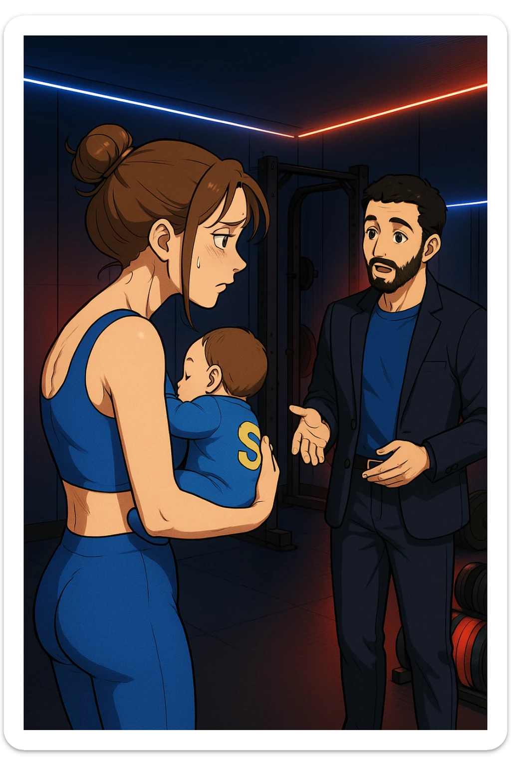 ispirati a questo stile di disegno e fai questa immagine in versione manga/webtoon a colori, il manga mostra la donna preoccupata di profilo con la postura sbagliata e incurvata, spalle chiuse e curve in avanti, con un neonato in braccio con una tutina azzurra e la scritta "S" sulla schiena, spina dorsale storta della donna in evidenza mentre ascolta l'uomo mentre l'uomo gli sta spiegando una cosa, ma non fare i fumetti, fai come se stessero parlando sticker