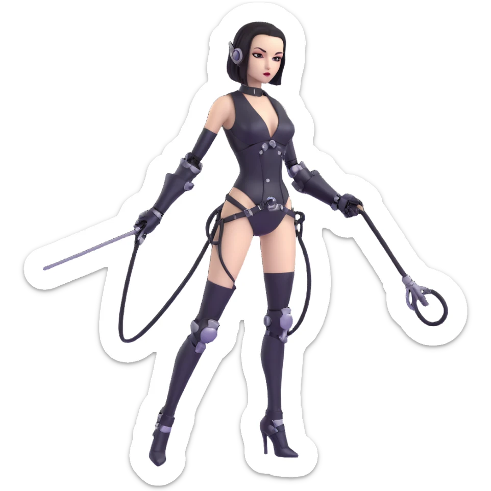 slender sexy female robot emoji, black metal, dominatrix style, holding a whip sticker