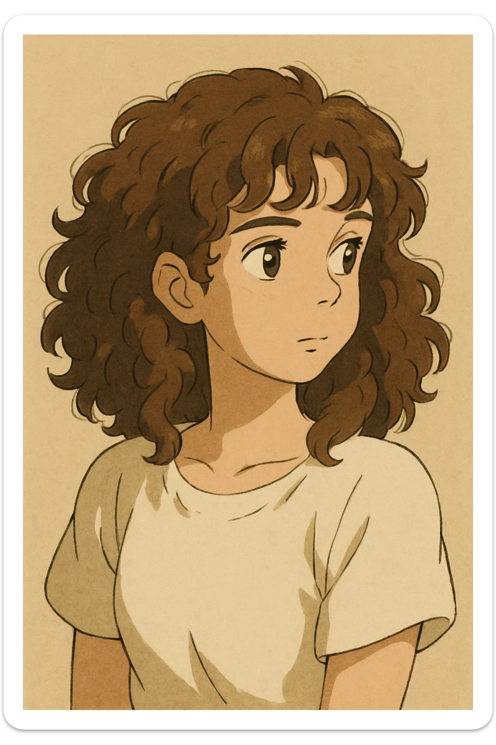 white girl with brown eyes and brown hazelnut curly hair 3b-3c, looking to the side, upper body, plain background, ghibli-inspired style sticker