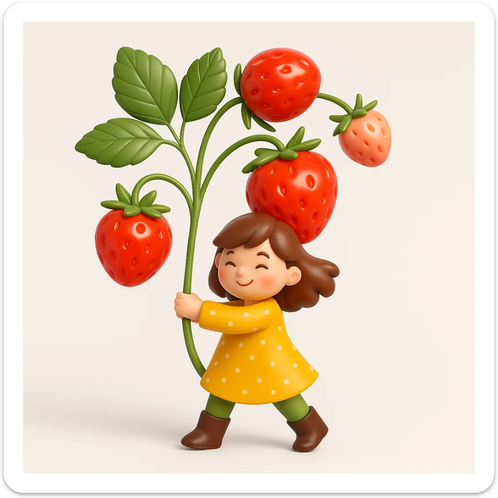 Create a 3D iOS-style image of a girl in a yellow dress holding a large strawberry plant with big strawberries and green leaves. The image should have soft lighting and a glossy effect, with no background. The proportions should be square (1:1). Render in GPT Image style with a 3D iOS aesthetic. sticker