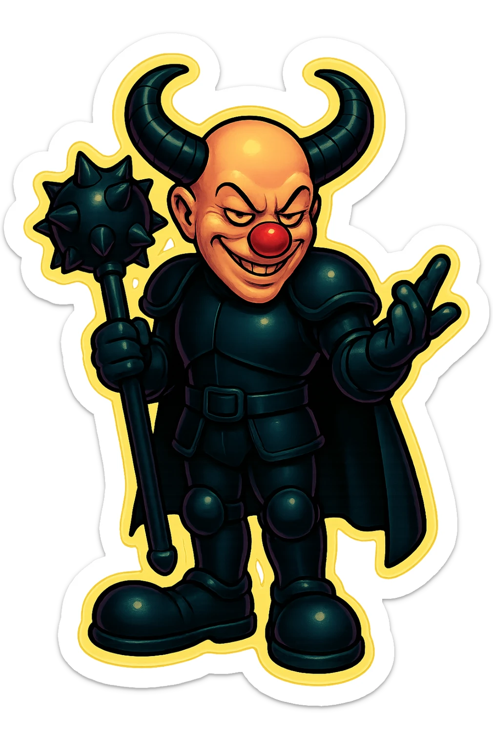 An evil, menacing armored clown with no hair, ram horns pointing up, masculine and powerful build, glossy black on matte black armor, short cape hanging down, large black clown shoes, standing relaxed with feet close together, arms down, oversized spiked mace hanging to the ground, eyes barely open, sinister smile, gesturing with his free hand, vibrant retro stickers style, no yellow aged tint, full body, transparent background. sticker