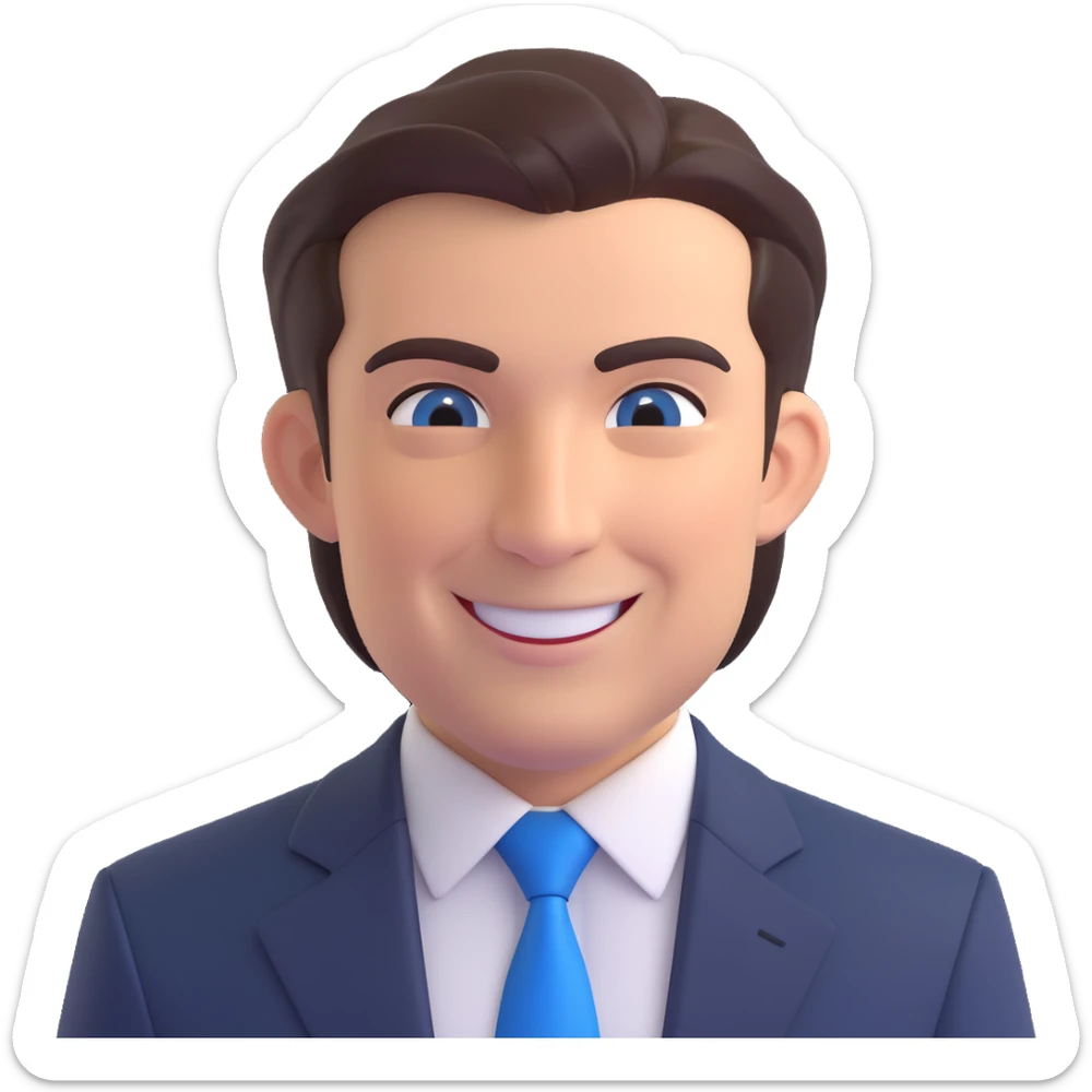 realistic 3d illustration of Tony Petitti, the Big Ten commissioner, smiling, facing forward, from the waist up, wearing a dark suit and a blue tie, accurate facial likeness sticker