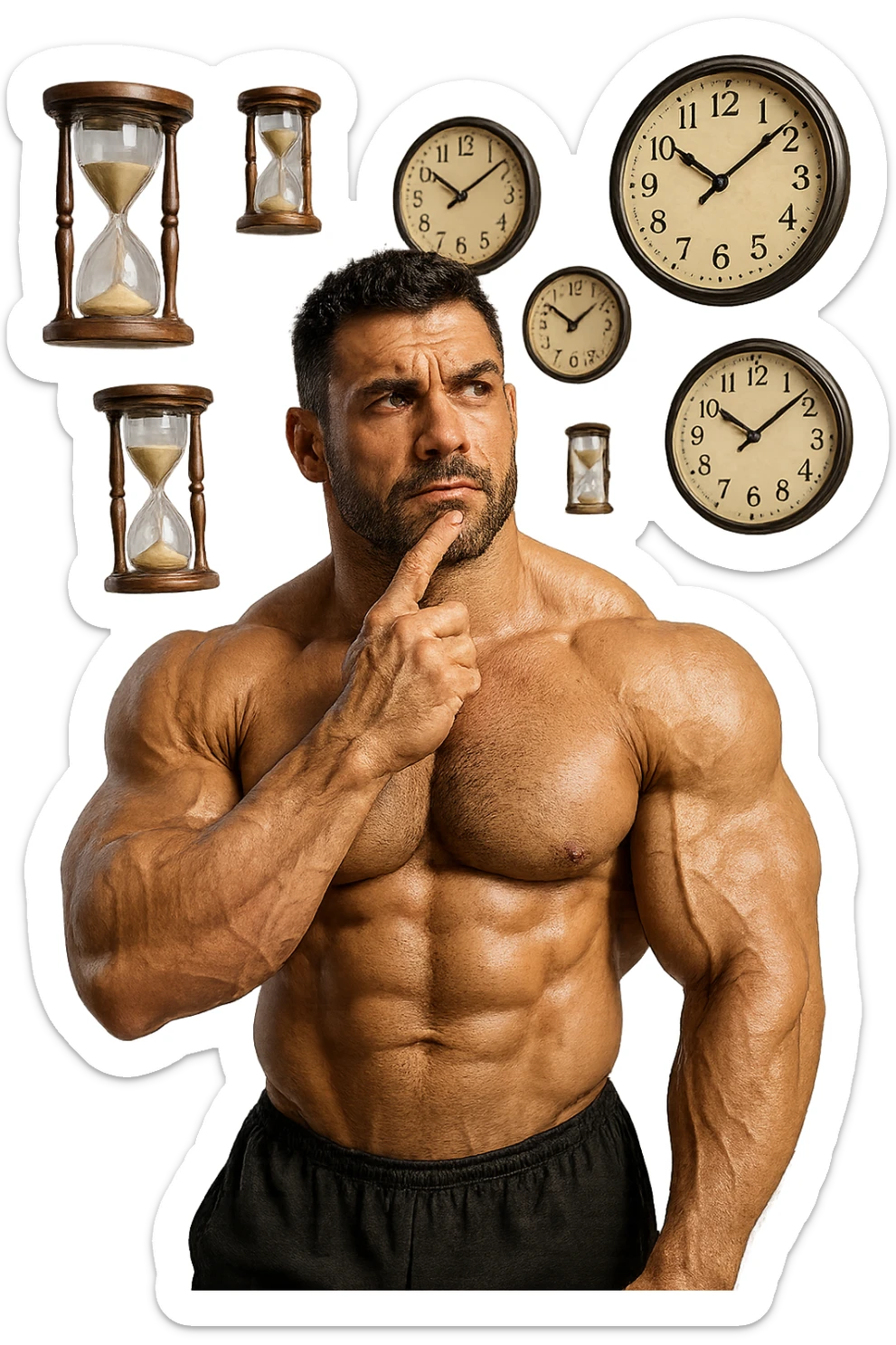bodybuilder pensieroso che si tiene l'indice sul mento, alle sue spalle fluttuano clessidre e orologi da muro, iperrealistico 4k sticker
