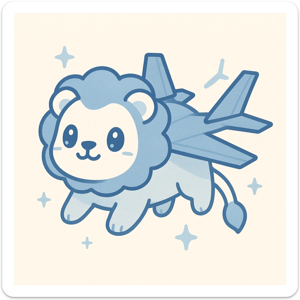 A rising lion inspired by Nyan Cat with a lion's body and F-35 fighter jet wings instead of a rainbow trail, using blue and white colors throughout the design, playful and energetic style sticker