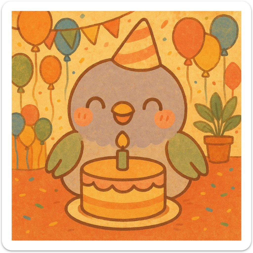Change the background to a vibrant party venue filled with colorful balloons and decorations. Keep the baby pigeon happily in front of the birthday cake as is. The overall feeling should be warm and cute. sticker