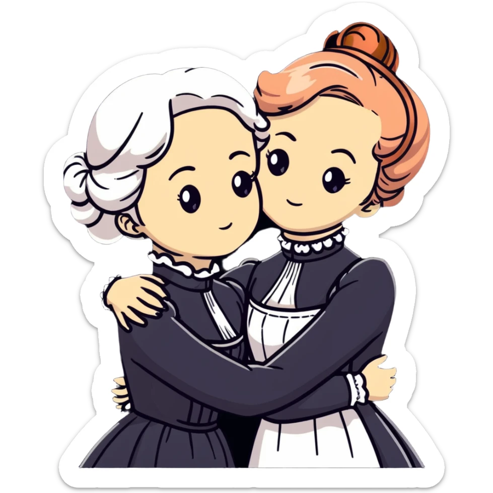 Two Victorian women with light eyes, one with white coiffed hair and one with copper coiffed hair, wearing Victorian high-neck dresses, embracing in a sad intimate hug sticker