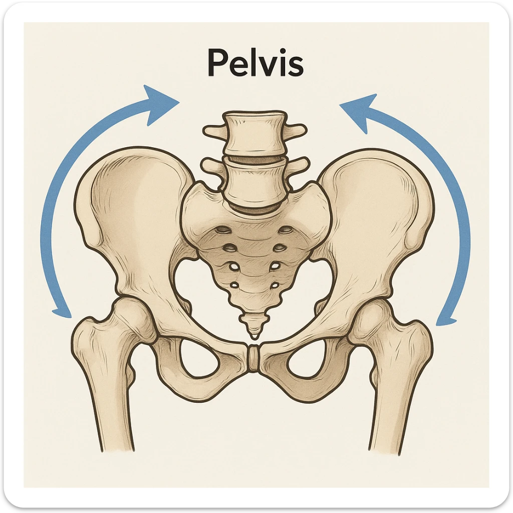 diagram of a human pelvis, arrows curving right to show clockwise rotation, medical illustration, clear and educational sticker