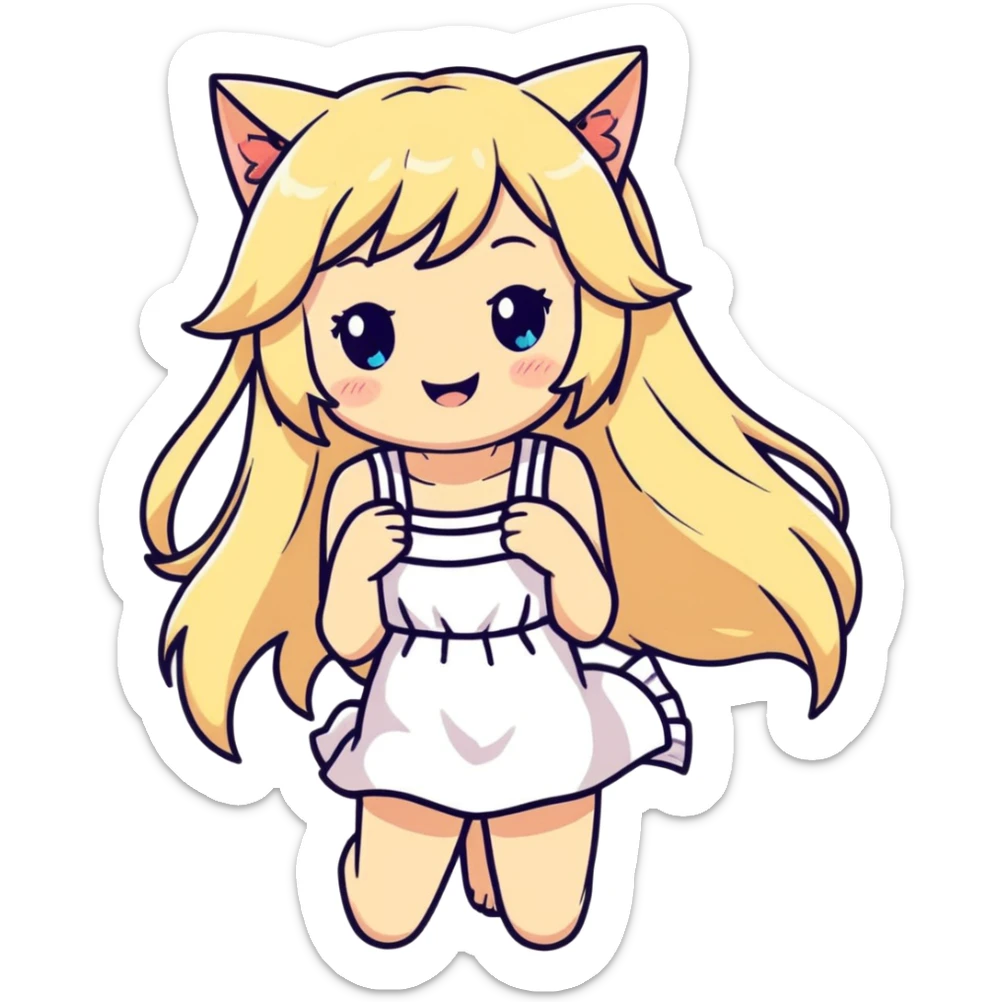 petite blonde catgirl long hair freckles giggling white sundress anime influence sticker