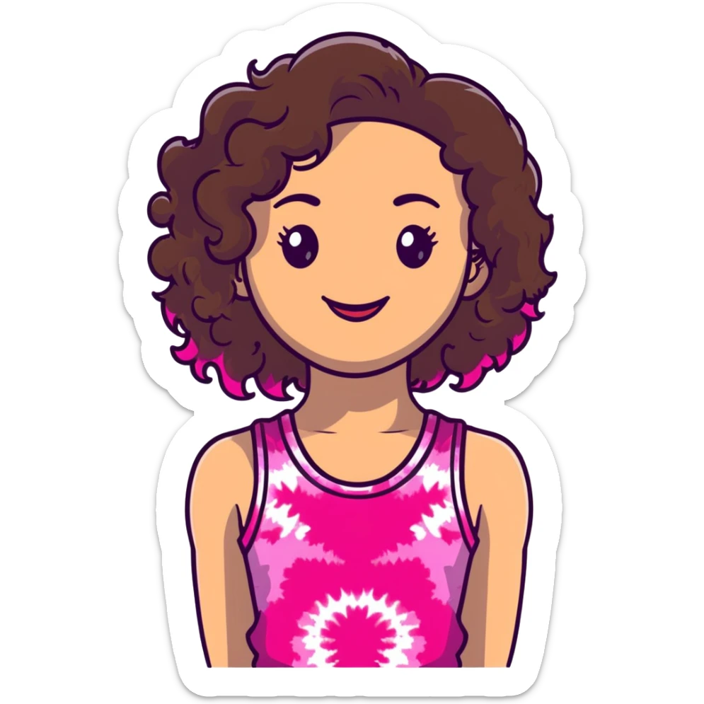 Friendly maternal woman with fair skin, long dark brown curly hair, large almond eyes, full lips, wearing bright pink tie-dye tank top, warm welcoming smile sticker