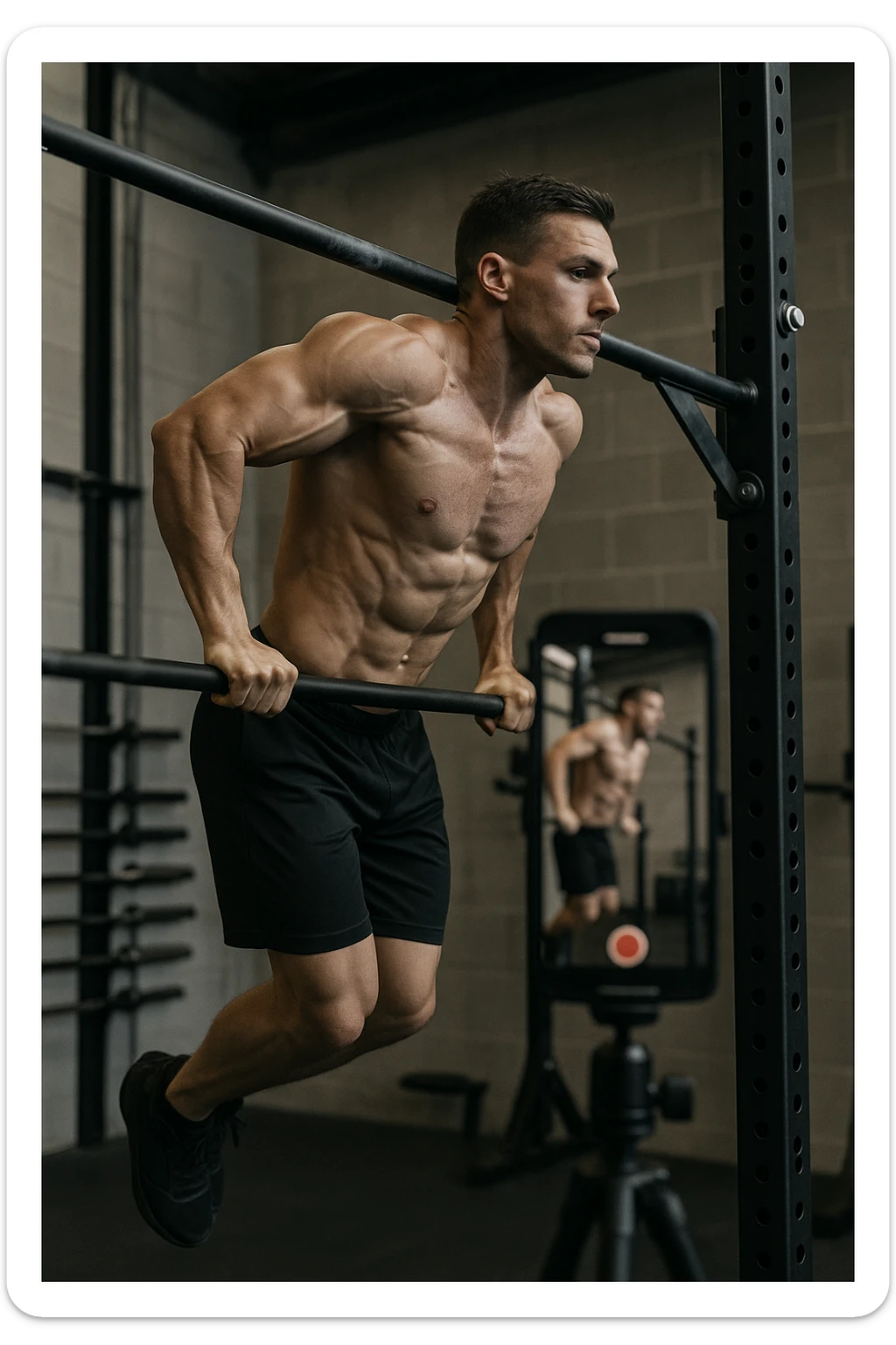 uomo che fa Muscle up e si sta filmando di lato con il telefonino che lo riprende mentre si allena, così da analizzarsi dopo sticker