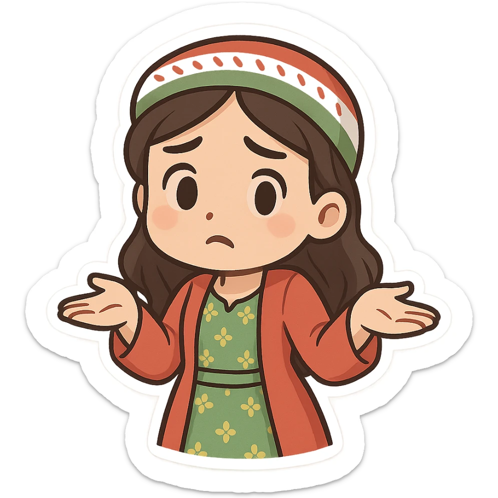 Kurdish woman in a new dress, shrugging shoulders with palms up, looking puzzled, no text sticker